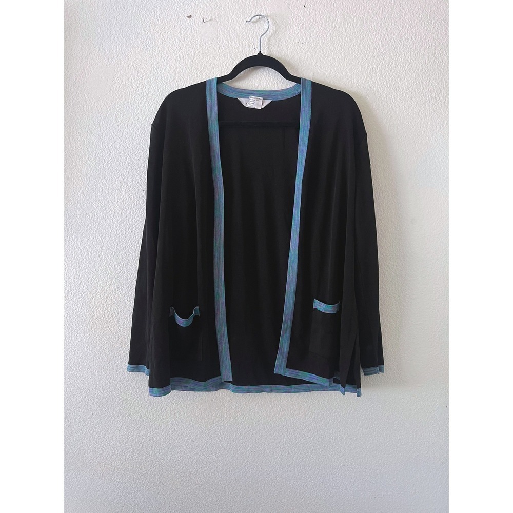 Misook Black Open Front Cardigan Space Dye Trim Pockets Travel Sweater Womens S